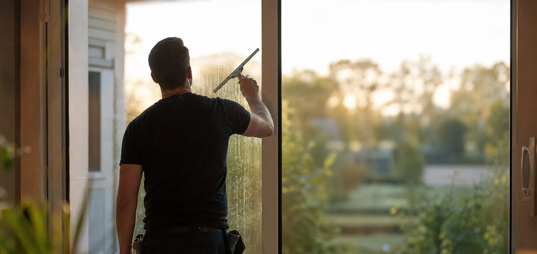 Eine Person putzt ein Wohnzimmerfenster von innen